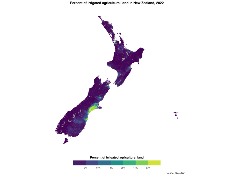 A map of New Zealand including the Chatham Islands represents a snapshot of the percent of irrigated agricultural land in New Zealand including Chatham Islands in 2022. 