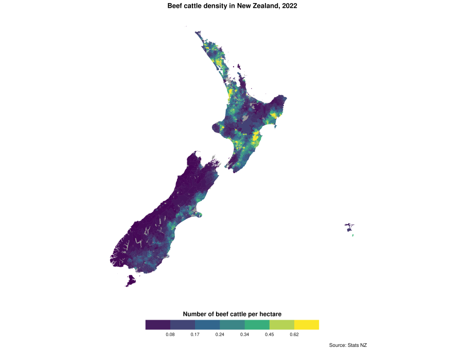 A map of New Zealand including the Chatham Islands represents a snapshot of the beef cattle density (number of beef cattle per hectare of farmland) in New Zealand and Chatham Islands in 2022. 