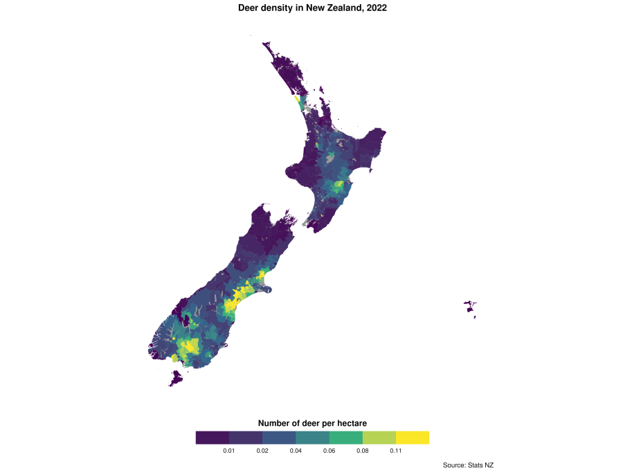 A map of New Zealand including the Chatham Islands represents a snapshot of the deer density (number of deer per hectare of farmland) in New Zealand and Chatham Islands in 2022. 