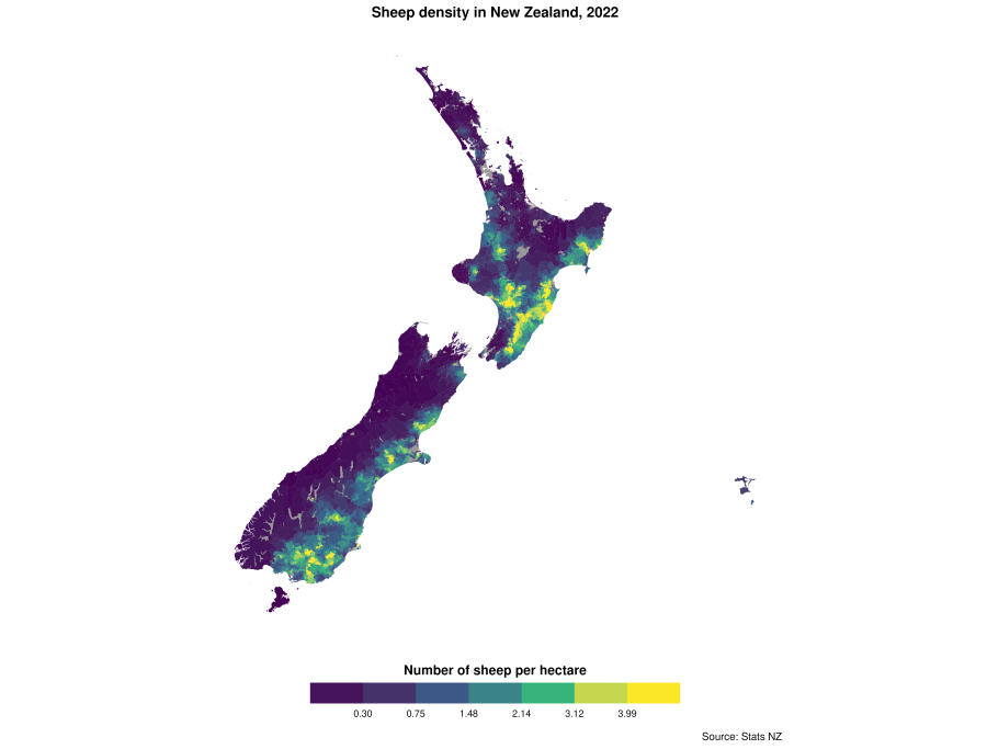 A map of New Zealand including the Chatham Islands represents a snapshot of the sheep density (number of sheep per hectare of farmland) in New Zealand and Chatham Islands in 2022. 