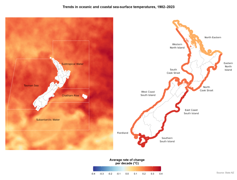 Two maps showing trends in oceanic and coastal sea-surface temperatures, 1982-2023. See text alternative under image.