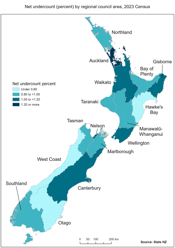 Map shows net undercount (percent) by regional council area for the 2023 Census